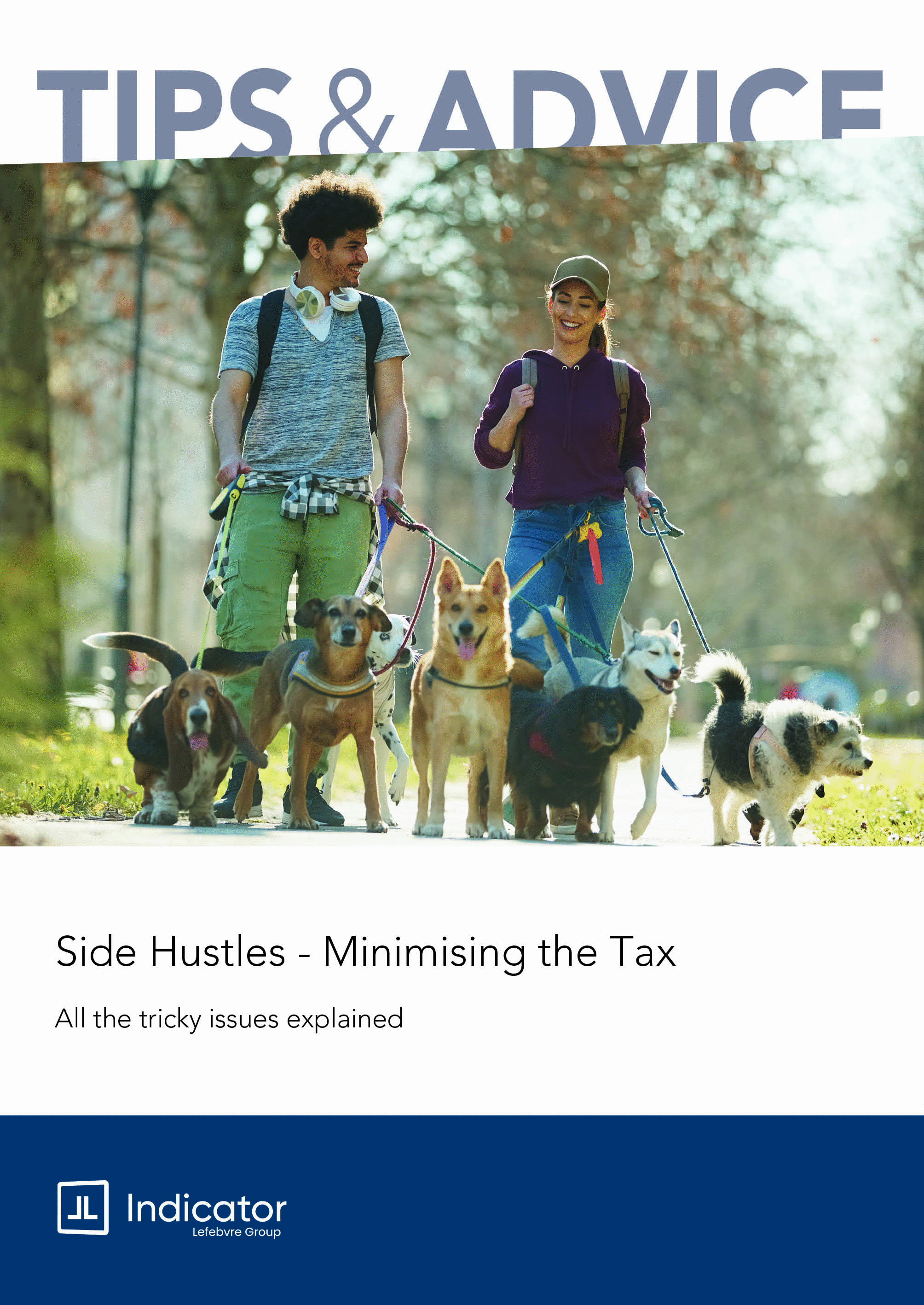 Two people walking a group of dogs with a title about side hustles and tax minimisation.