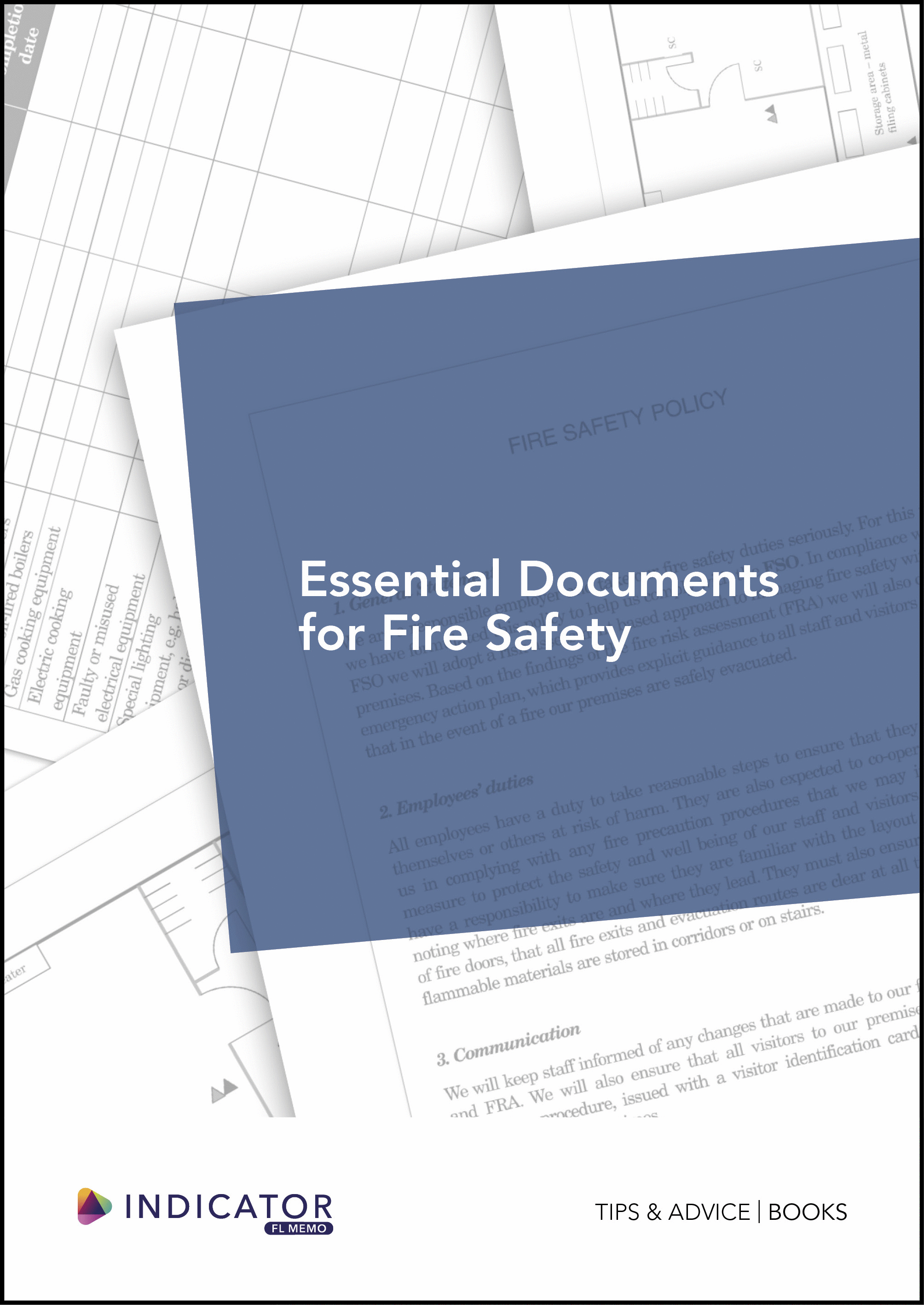 Book titled 'Essential Documents for Fire Safety' on a background of blue and white documents.