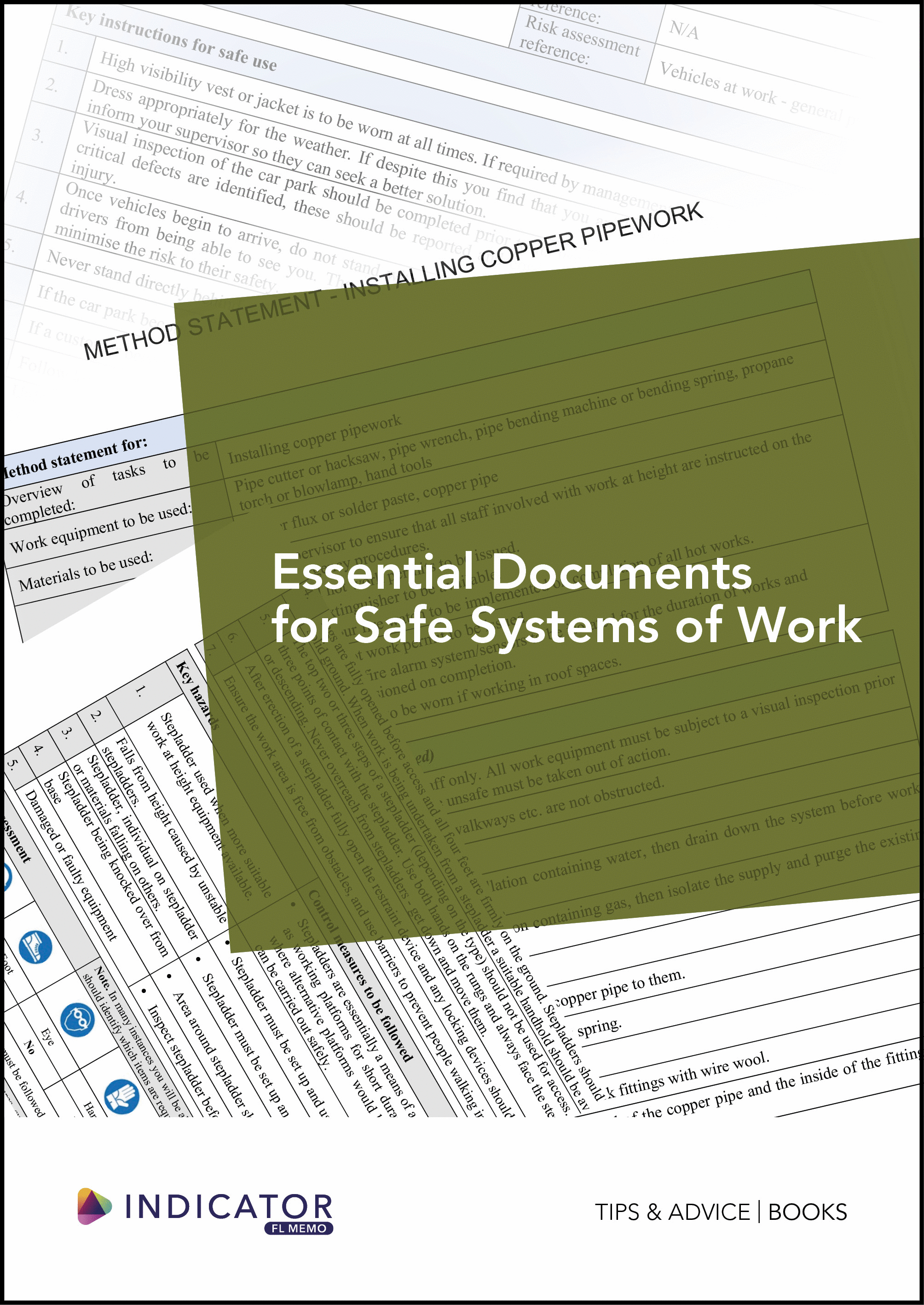 Book titled 'Essential Documents for Safe Systems of Work' on a background with text and documents.