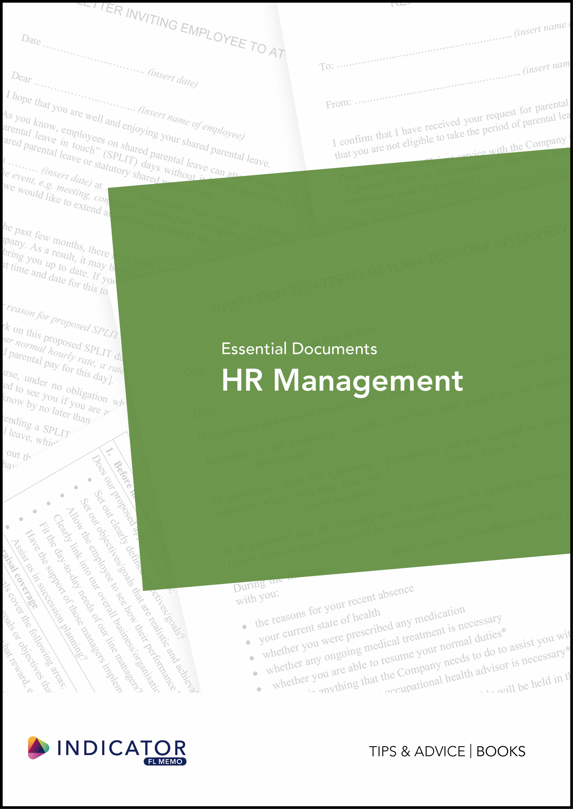 Book cover of 'Essential Documents HR Management' with a green section on a white background