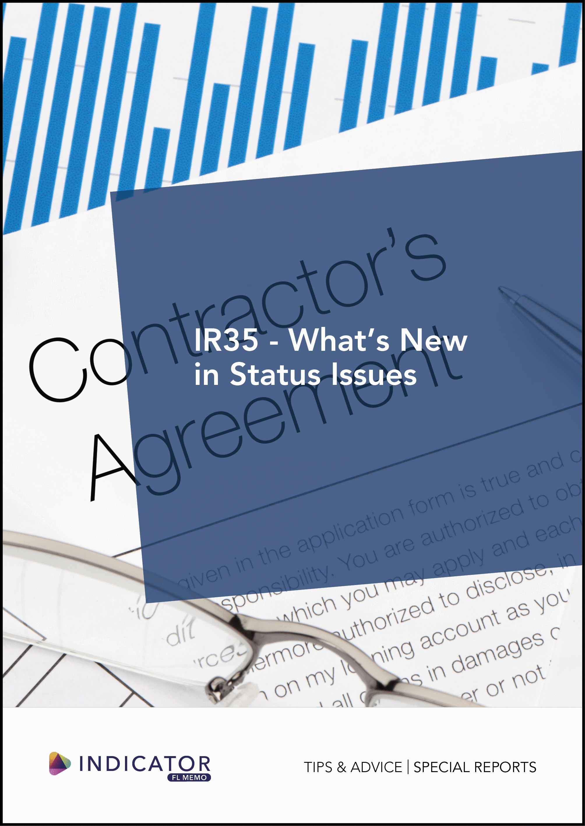 Cover of a report titled 'Contractor's IR35 - What's New in Status Issues' with text and design elements.