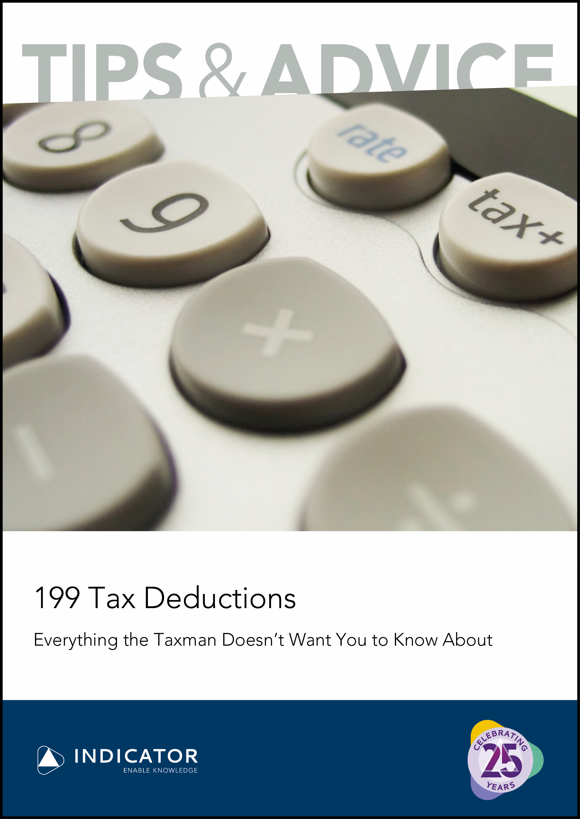 Calculator with tax-related buttons on a white background, featuring text about tax deductions.