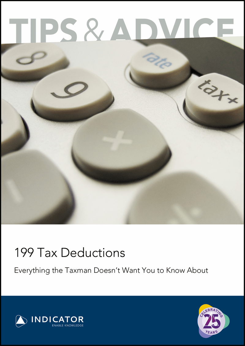 Calculator with tax-related buttons on a white background, featuring text about tax deductions.