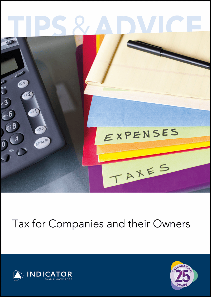 Cover of a book titled 'Tips & Advice: Tax for Companies and their Owners' with a phone, papers, and pen on a desk.