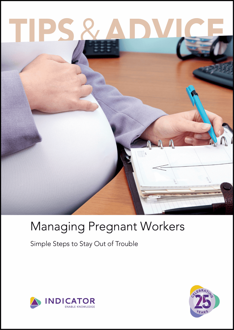 Book cover with text 'Tips & Advice' and 'Managing Pregnant Workers' on a background of a person at a desk.