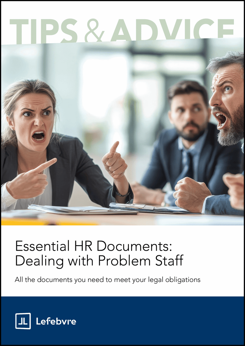 Book cover titled 'Essential HR Documents: Dealing with Problem Staff' by Lefebvre, featuring three people in a heated discussion.