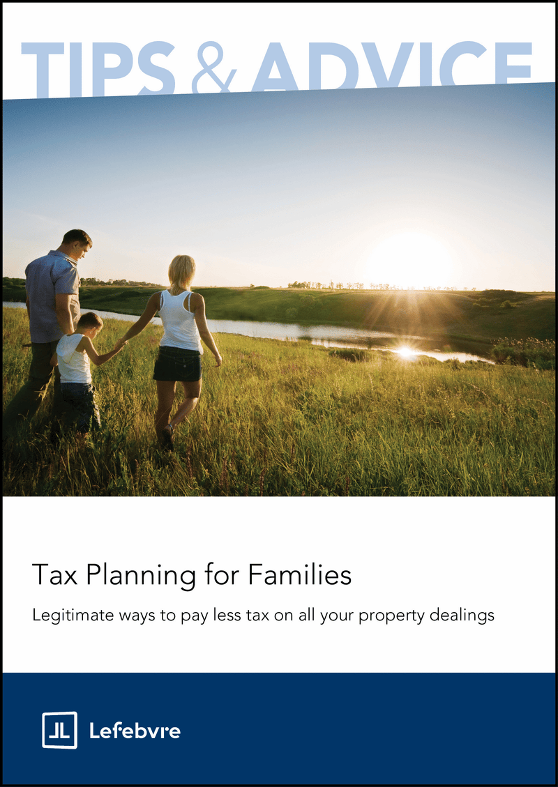 Family walking together in a field with text about tax planning for families and Lefebvre branding.