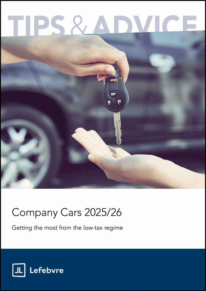 Book cover with hands exchanging car keys against a blurred car background, titled 'Tips & Advice: Company Cars 2025/26' by JL Lefebvre.