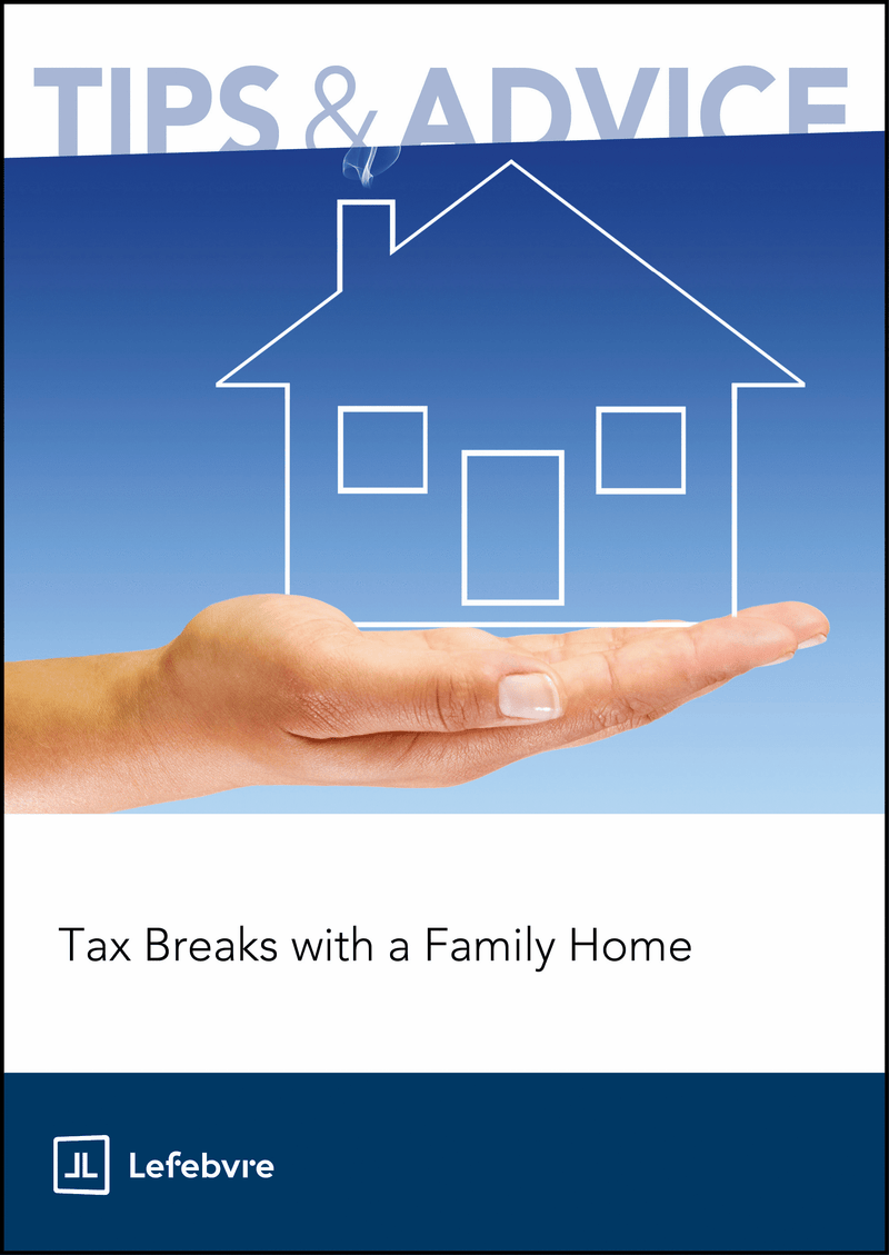 Book cover with a hand holding a house illustration and text about tax breaks with a family home.