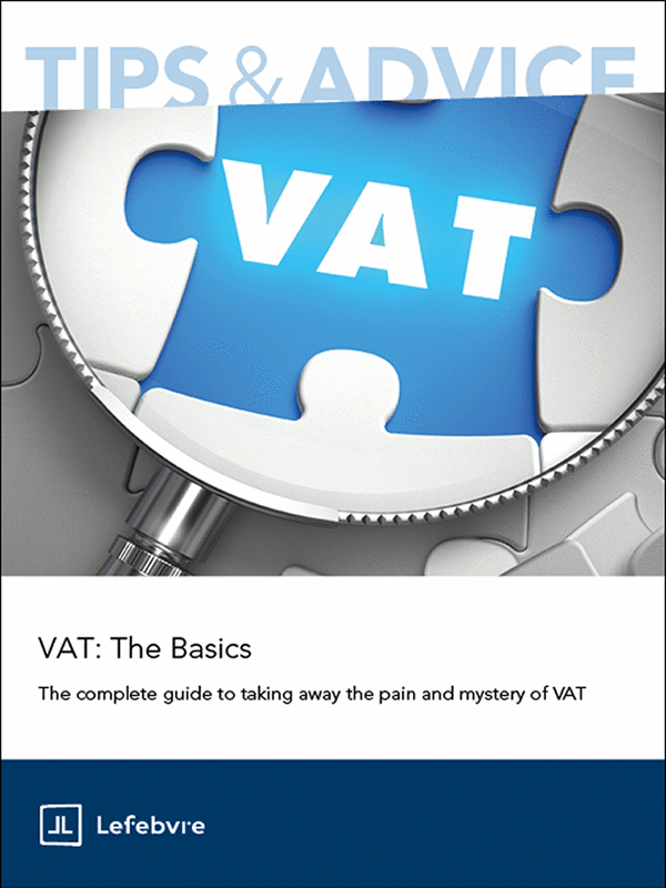 Book cover of 'VAT: The Basics' by Lefebvre with a gear and VAT logo.