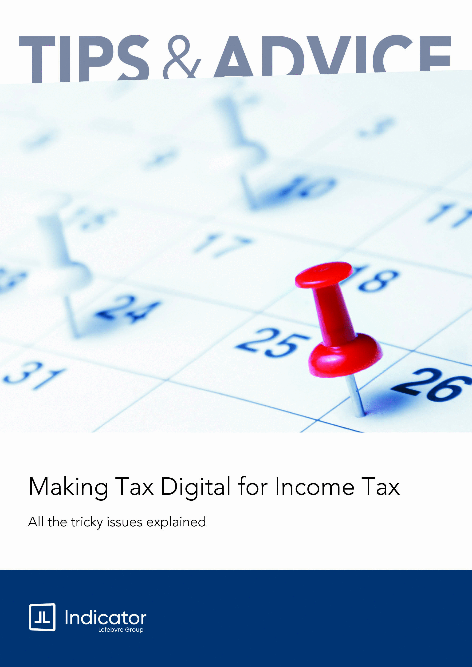 Brochure or document cover titled 'Tips & Advice' on making tax digital for income tax, featuring a calendar with a red pushpin.