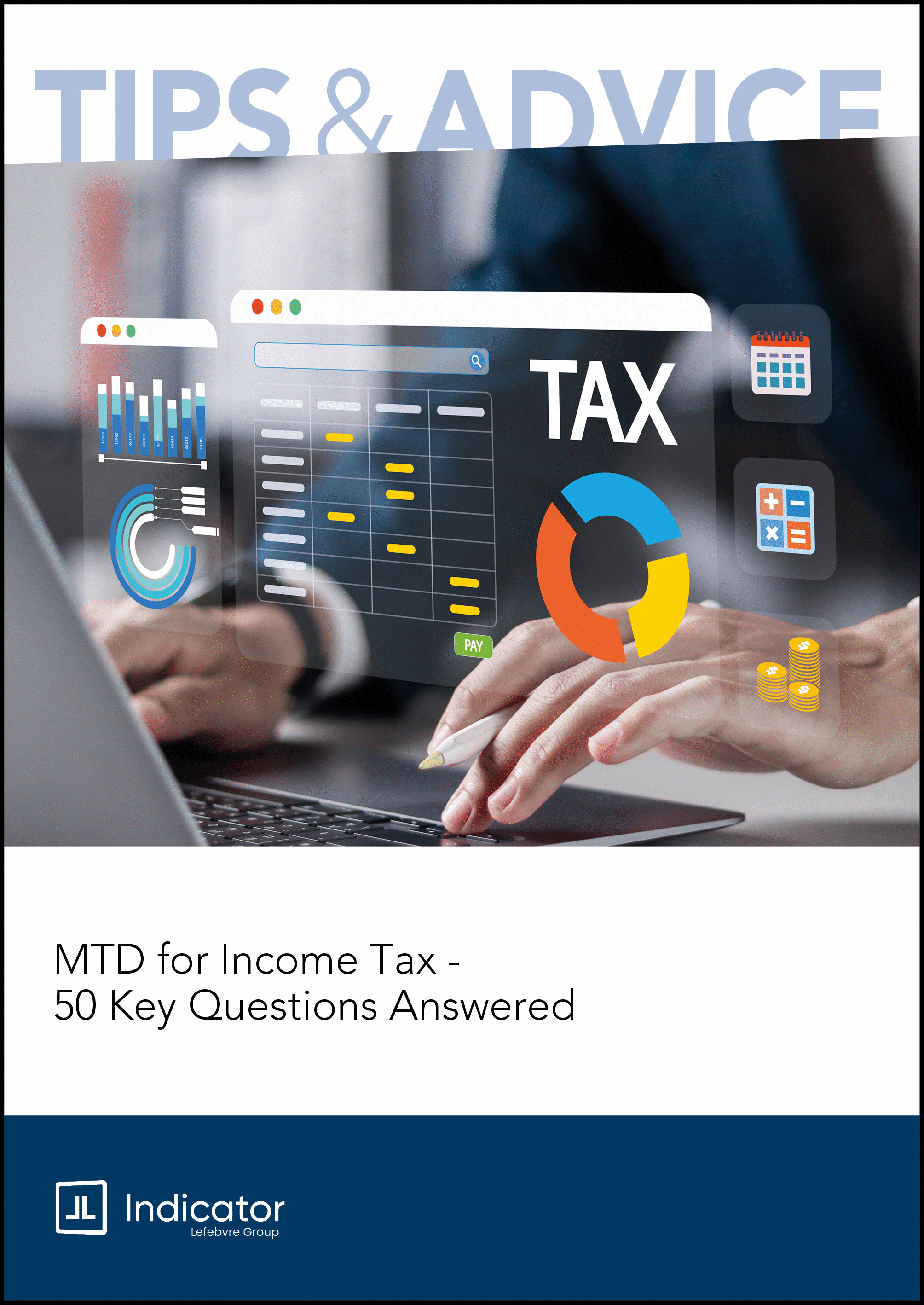 Book cover with 'Tips & Advice' title, tax-related graphics, and text about MTD for Income Tax.