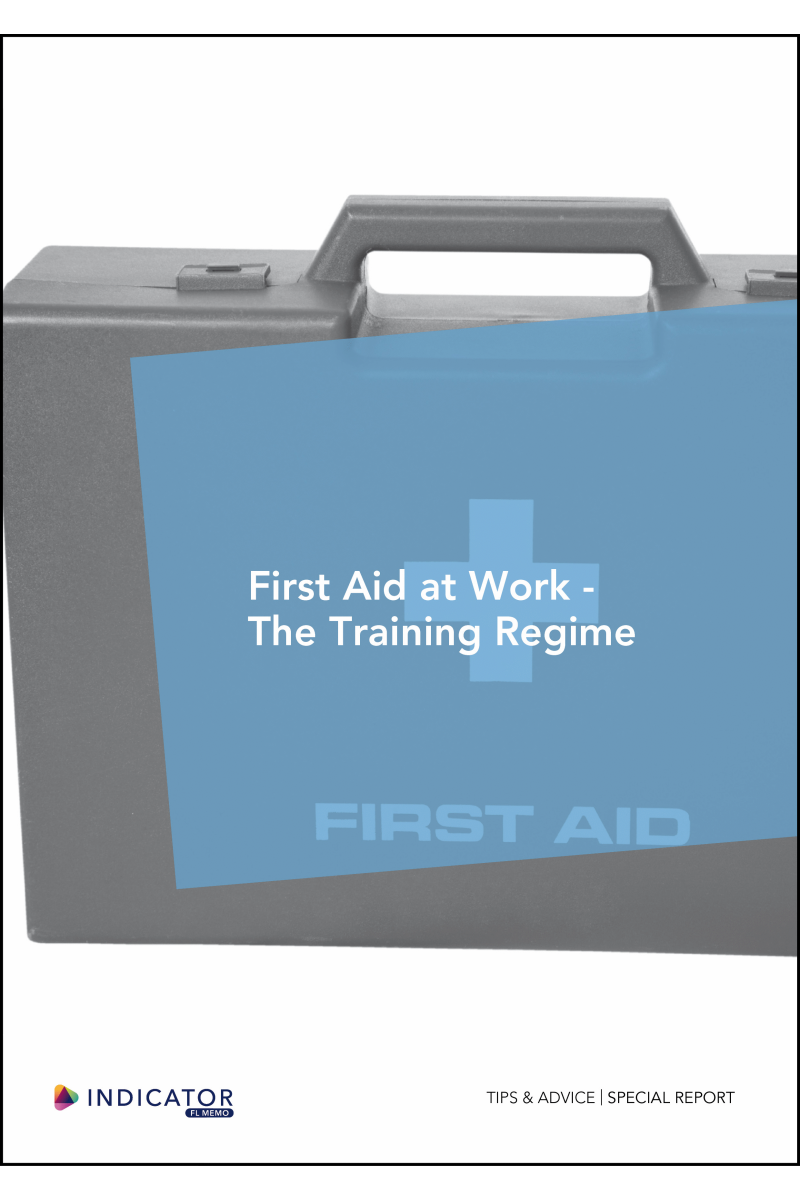 Gray first aid kit with blue label on a white background