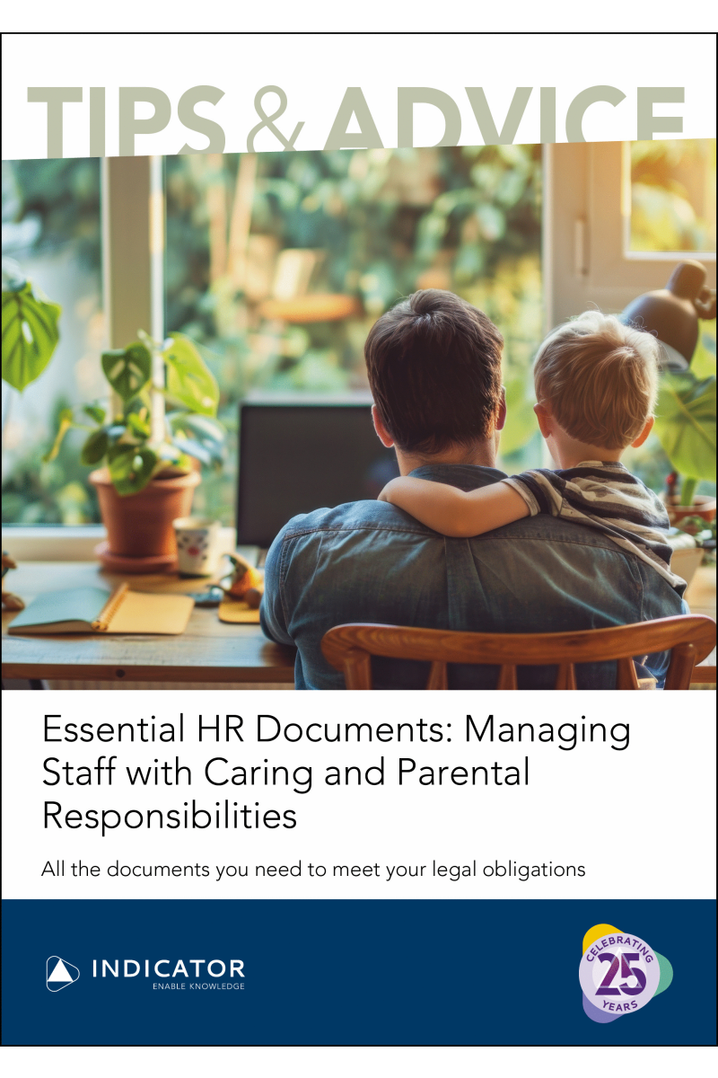Book cover with a man and child at a desk, titled 'Essential HR Documents: Managing Staff with Caring and Parental Responsibilities'.