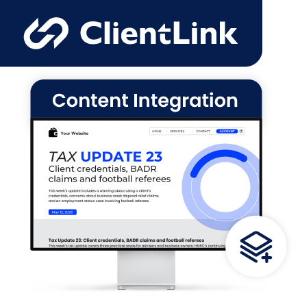 ClientLink Content Integration with a computer screen displaying a tax update message.