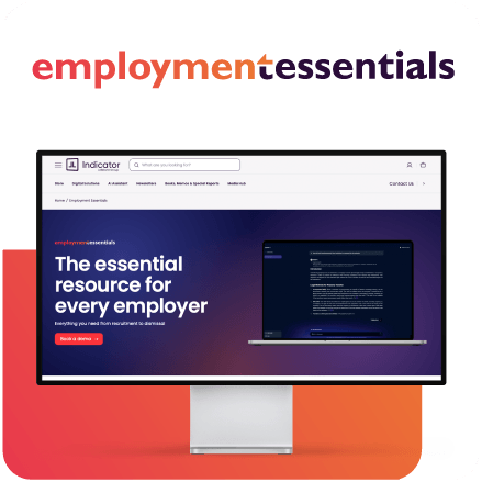 Advertisement for employment essentials with a computer screen displaying the brand's website.
