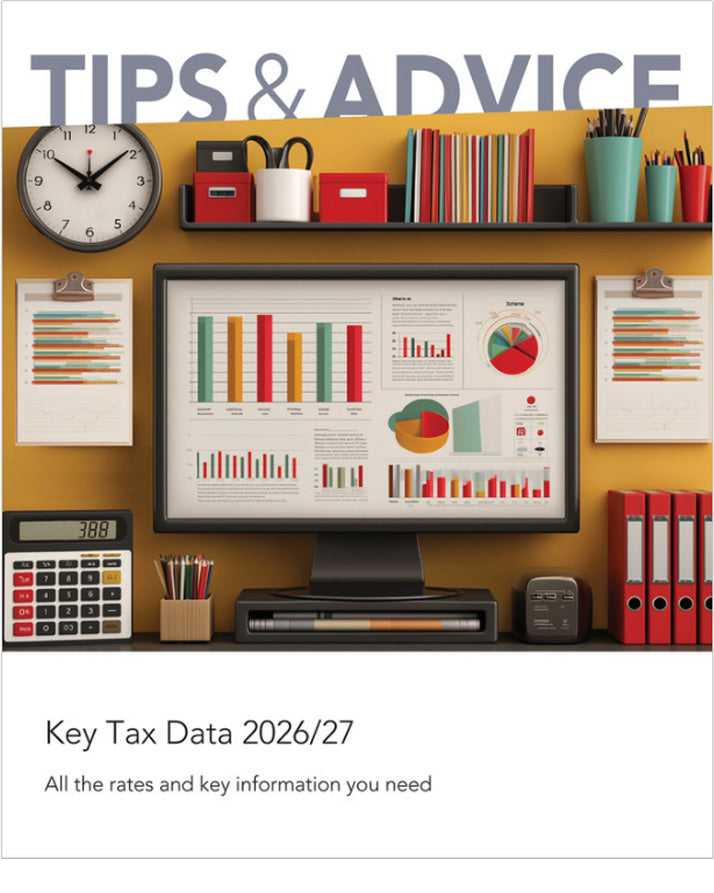 Desk with computer monitor displaying tax data information, books, and office supplies on a yellow wall.