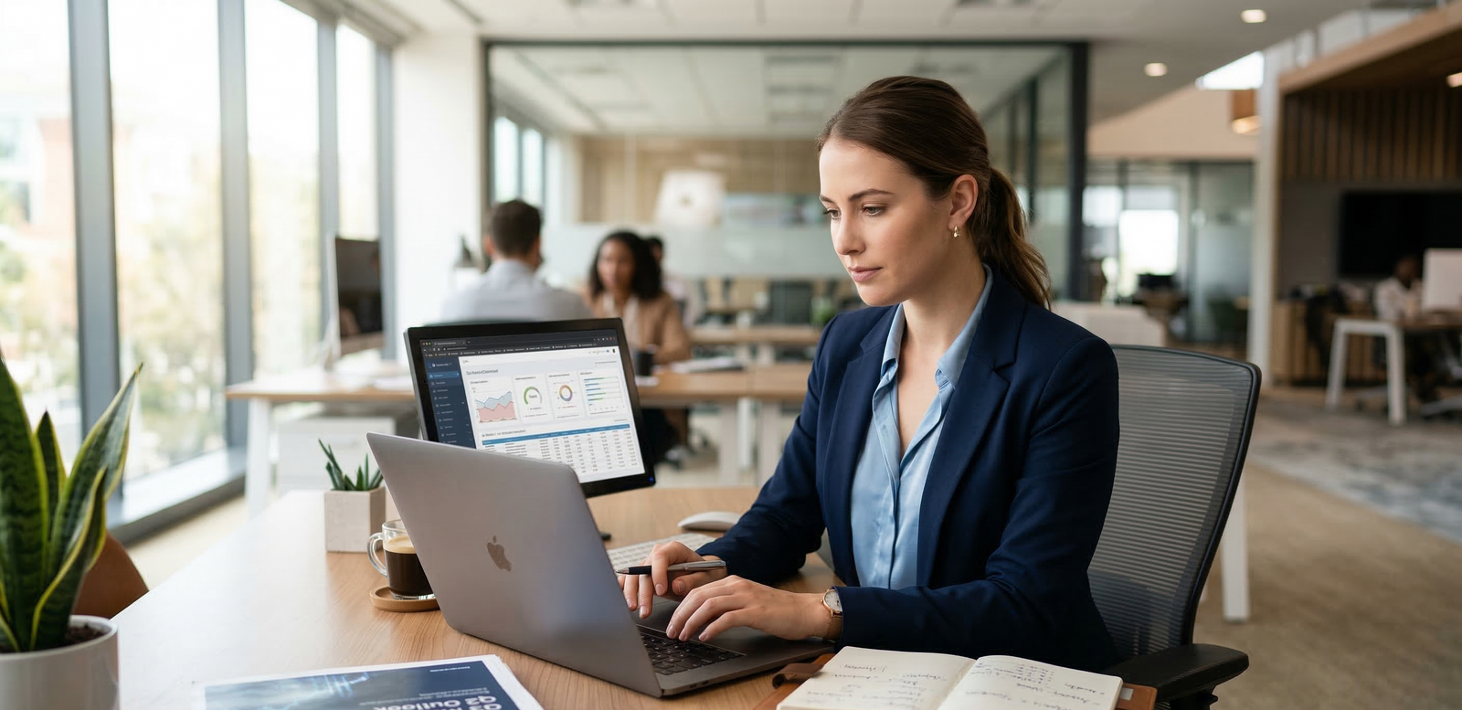Woman working on a laptop in a modern office setting