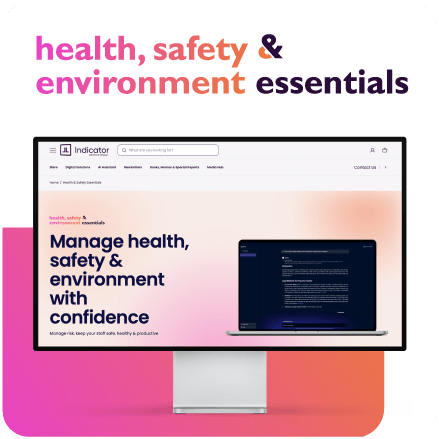 Advertisement for 'health, safety & environment essentials' with a laptop screen on a pink and white background.
