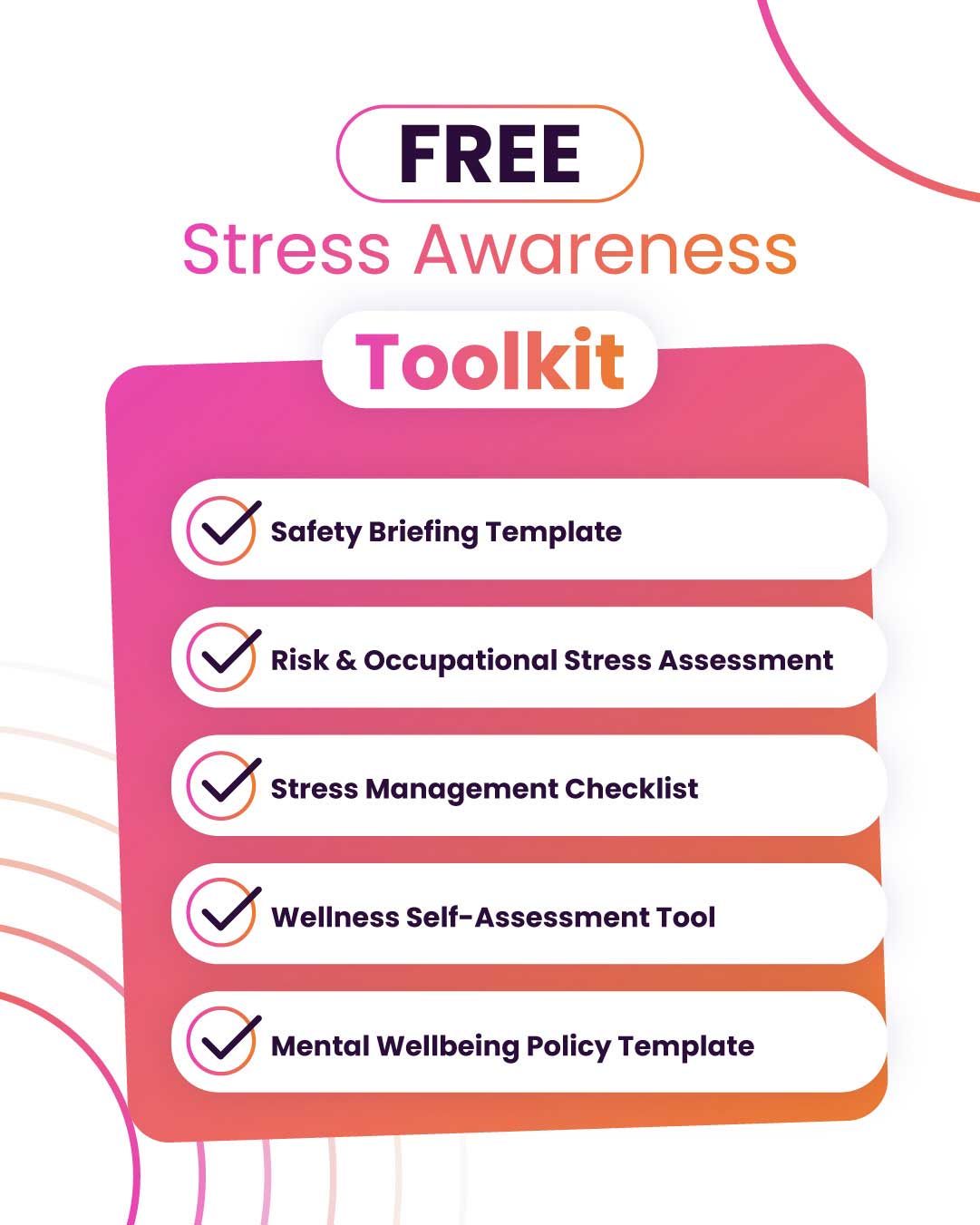 Free stress awareness toolkit with listed components on a pink and orange gradient background