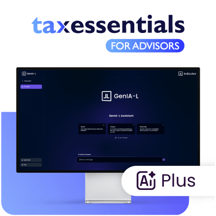 Computer screen displaying 'GenIA-L' with 'taxessentials for advisors' and 'AI Plus' logos.