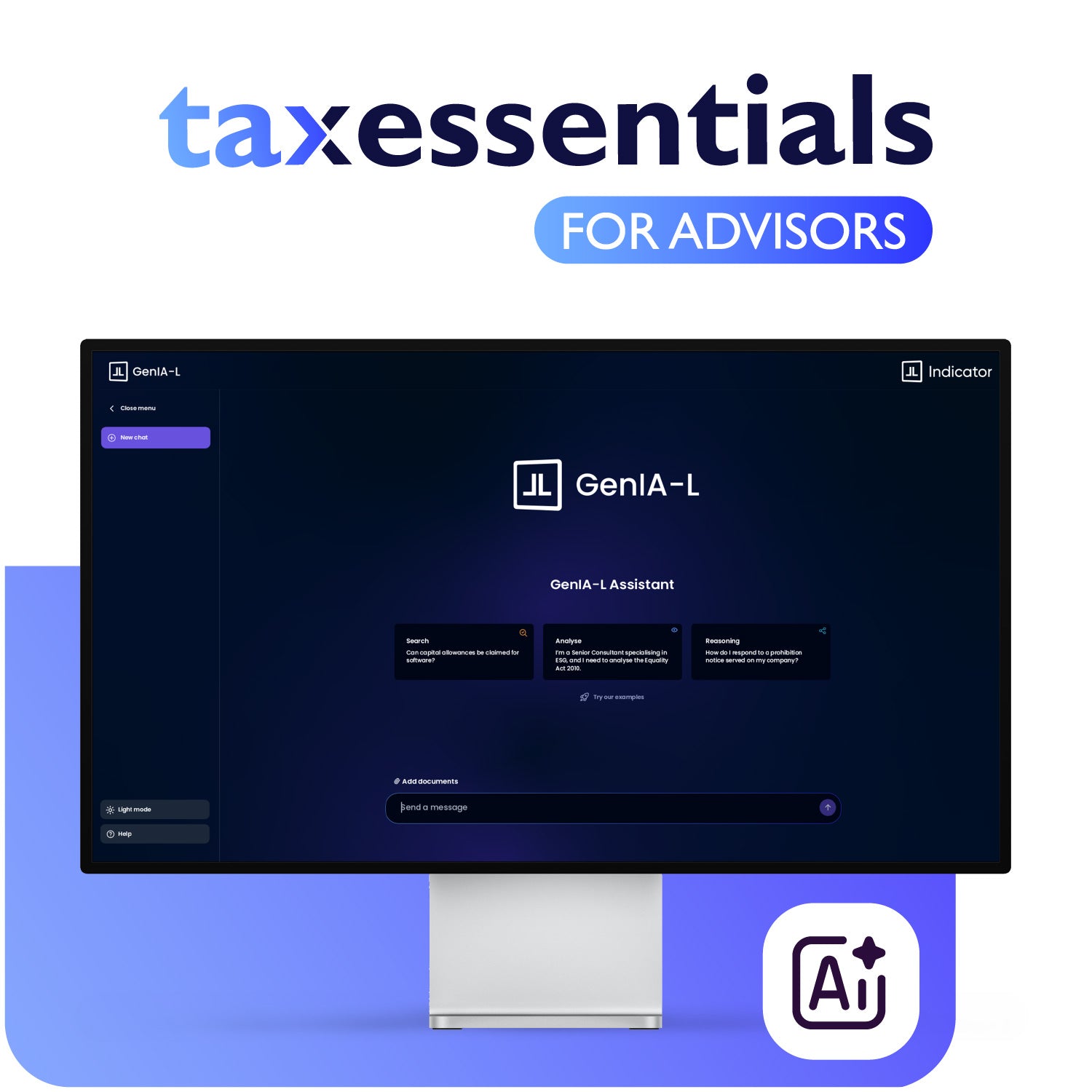 Computer monitor displaying 'GenIA-L' software with 'taxessentials for advisors' branding.