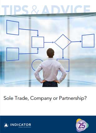 Man standing in front of a glass wall with business network diagram, text 'Sole Trade, Company or Partnership?' and 'Indicator' logo.