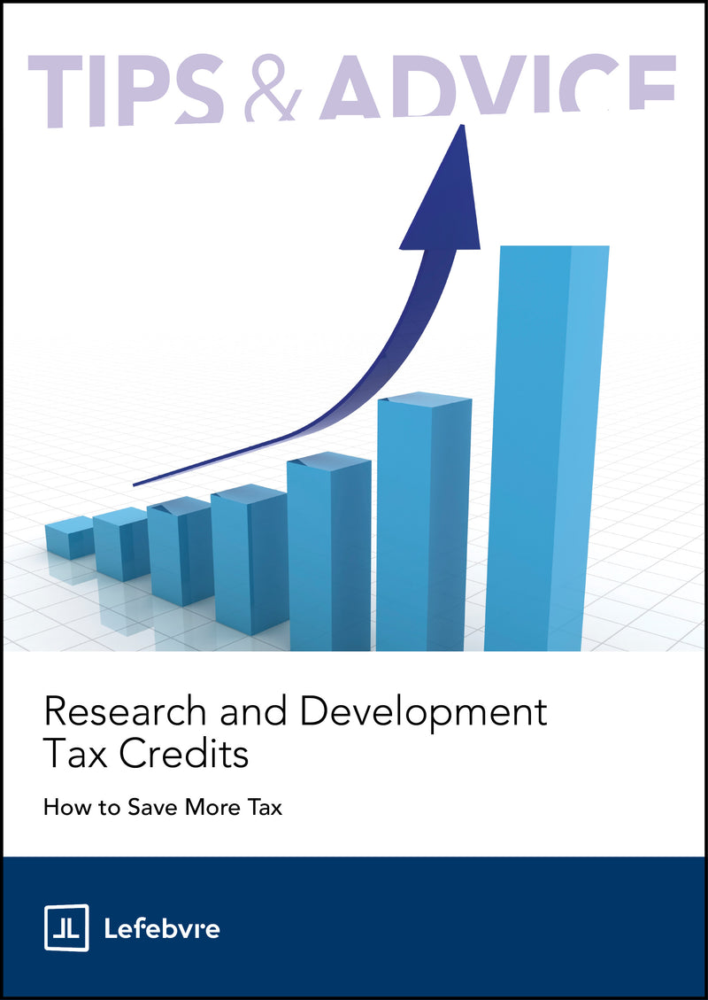 Book cover with a bar graph and arrow, titled 'Tips & Advice: Research and Development Tax Credits'.