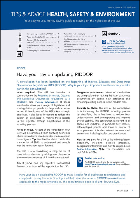 Health, safety, and environment advice document with text and logos on a blue and white background