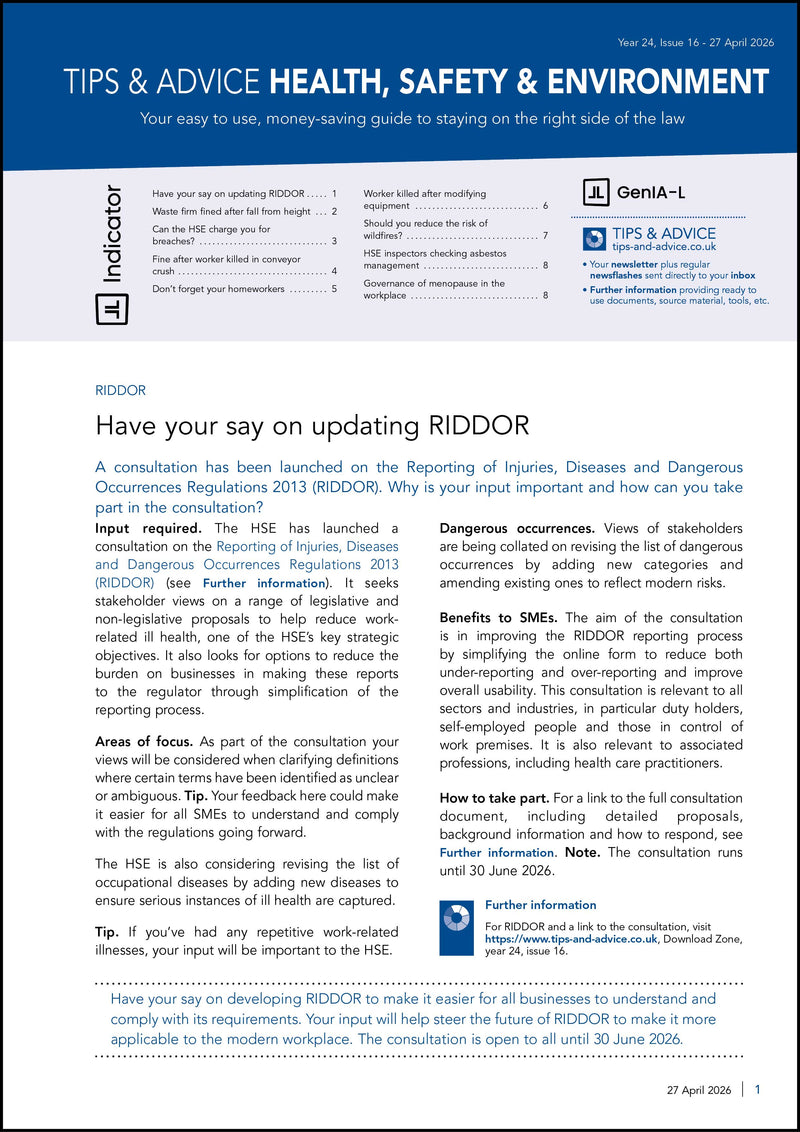 Health, safety, and environment advice document with text and logos on a blue and white background