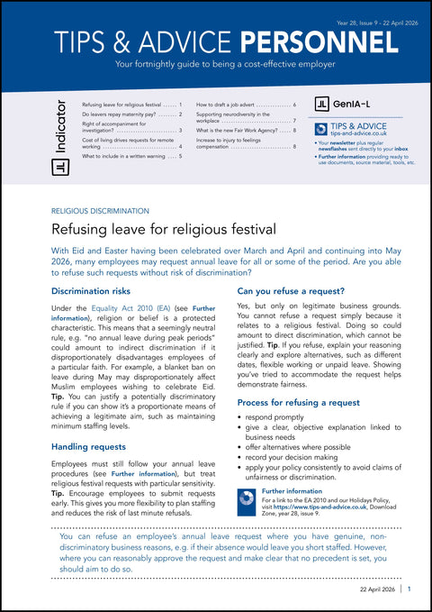 Personnel magazine cover with religious discrimination article on leave requests