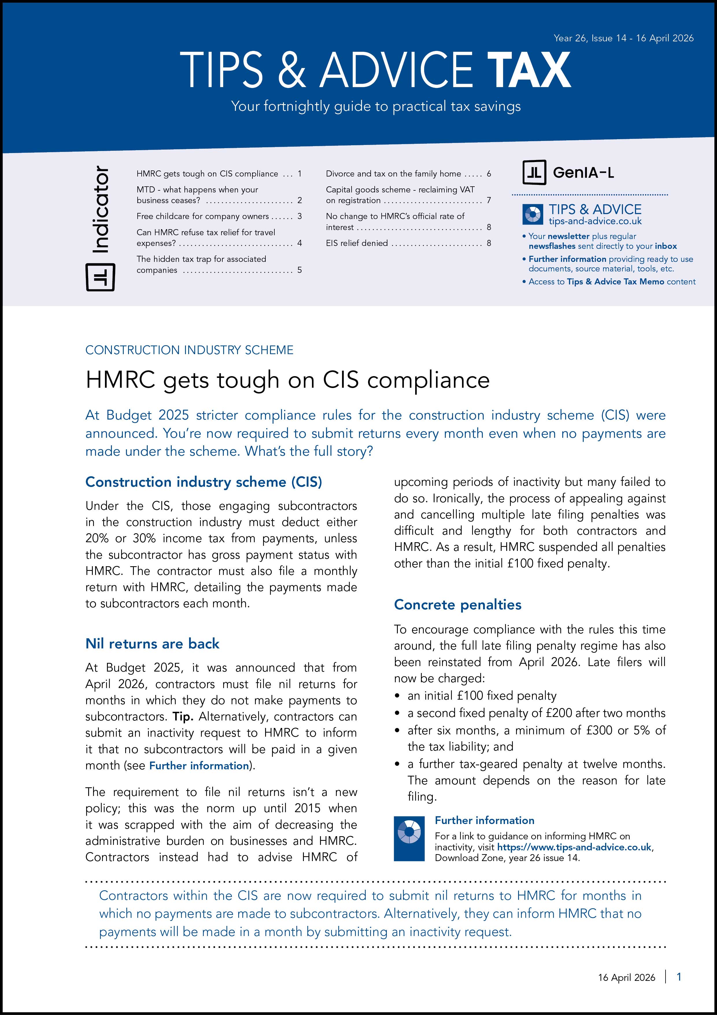 Tax guide with text on HMRC compliance and construction industry scheme
