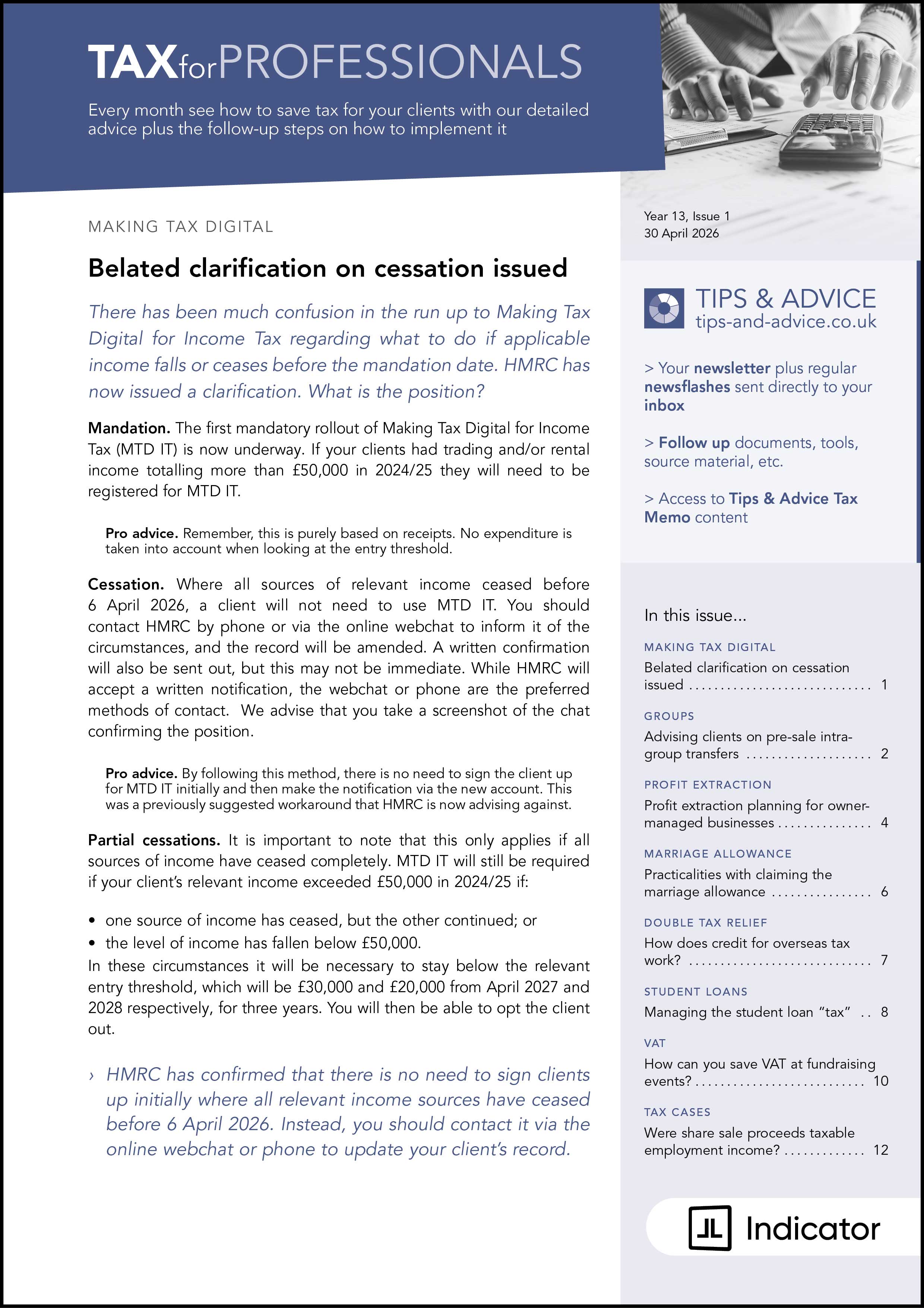 Tax publication for professionals with digital tax information and contact details.